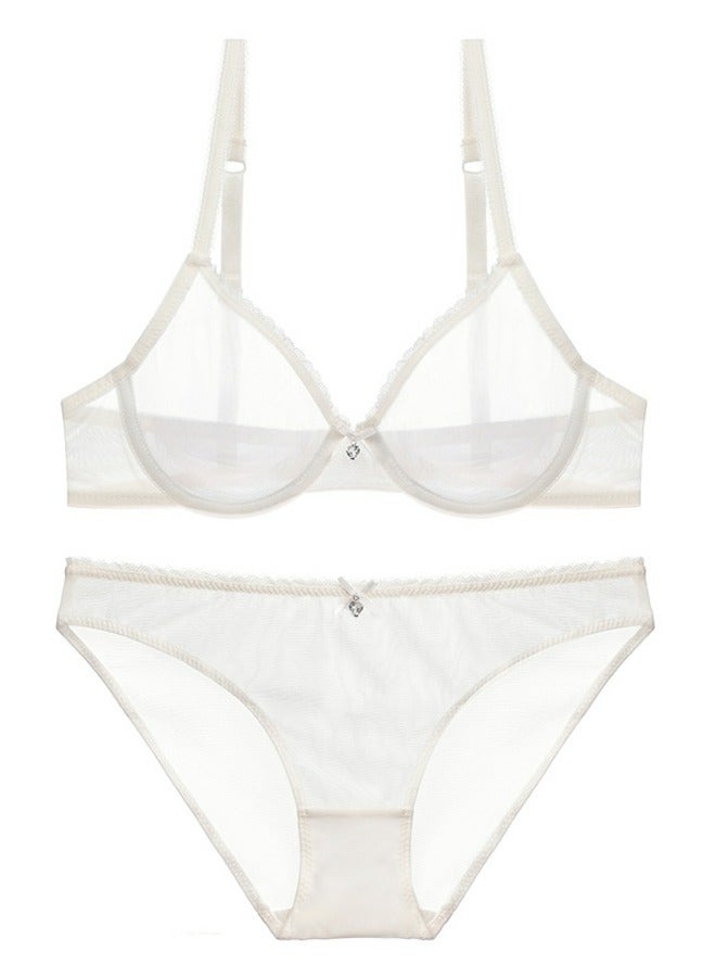Solid Color Breathable Ultra Thin Cup Mesh Gauze Bra Panty Set White