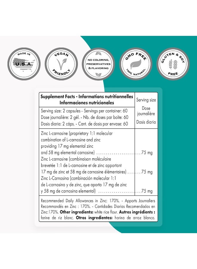 SuperSmart Zinc LCarnosine 75mg per Day WellTolerated Zinc Carnosine Supplement NonGMO Gluten Free 120 Vegetarian Capsules - Image 3