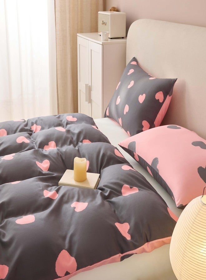 Bildenly Full Size Duvet Cover - Grey and Pink Heart Pattern on Side A, Pink and Grey Heart Pattern on Side B, Suitable for Girls' Room, Quilt Cover with Zipper Closure and 2 Pillowcases - Image 4