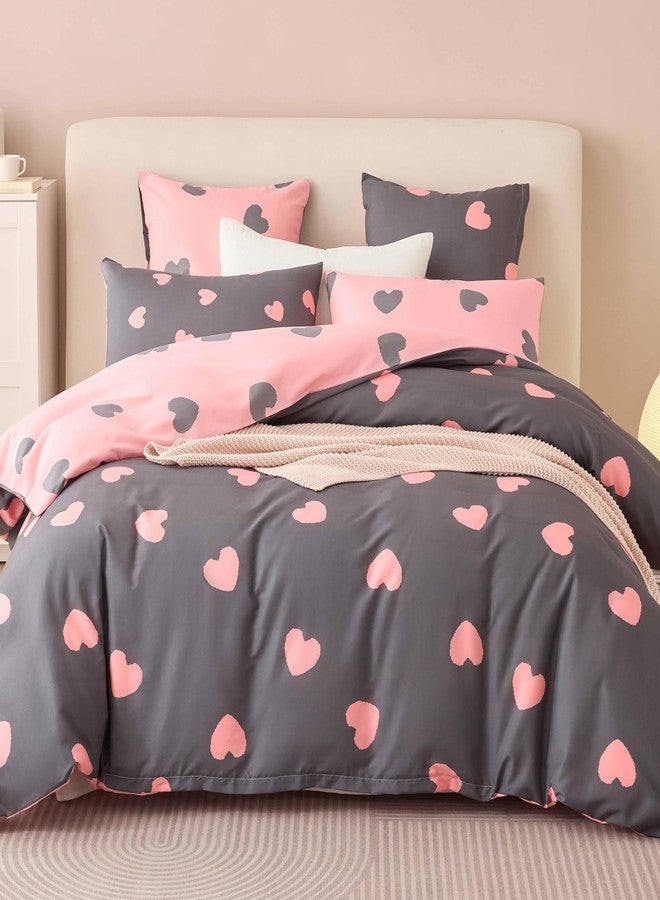 Bildenly Full Size Duvet Cover - Grey and Pink Heart Pattern on Side A, Pink and Grey Heart Pattern on Side B, Suitable for Girls' Room, Quilt Cover with Zipper Closure and 2 Pillowcases - Image 1