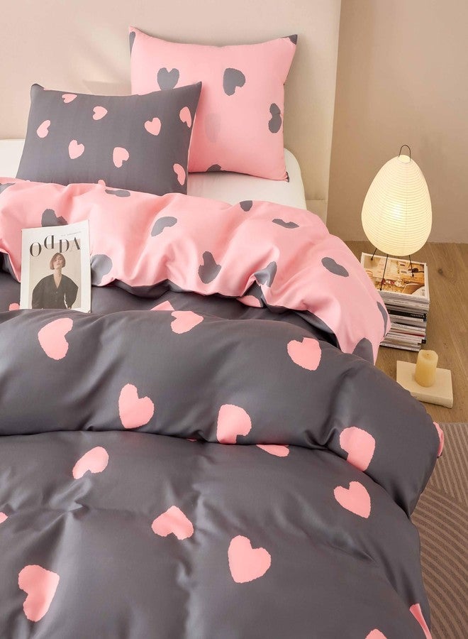 Bildenly Full Size Duvet Cover - Grey and Pink Heart Pattern on Side A, Pink and Grey Heart Pattern on Side B, Suitable for Girls' Room, Quilt Cover with Zipper Closure and 2 Pillowcases - Image 3