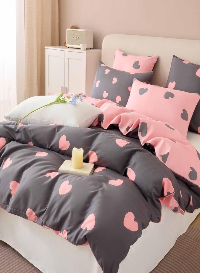 Bildenly Full Size Duvet Cover - Grey and Pink Heart Pattern on Side A, Pink and Grey Heart Pattern on Side B, Suitable for Girls' Room, Quilt Cover with Zipper Closure and 2 Pillowcases - Image 2