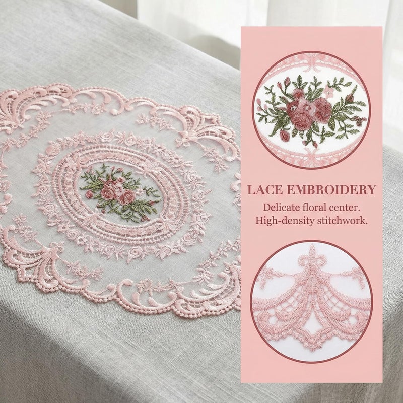 Wionin 2Pcs Lace Placemats French Style Retro Placemats Pink Doilies Table Runner Lace Dresser Scarves Cup Mat Table Runner with Pink Flowers Doilies - Image 4