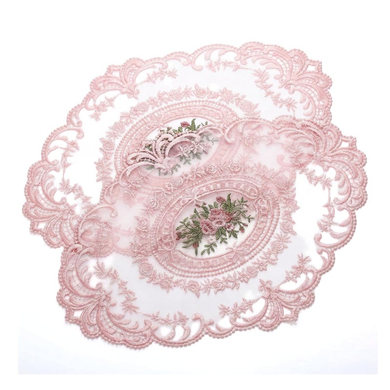 Wionin 2Pcs Lace Placemats French Style Retro Placemats Pink Doilies Table Runner Lace Dresser Scarves Cup Mat Table Runner with Pink Flowers Doilies - Image 1
