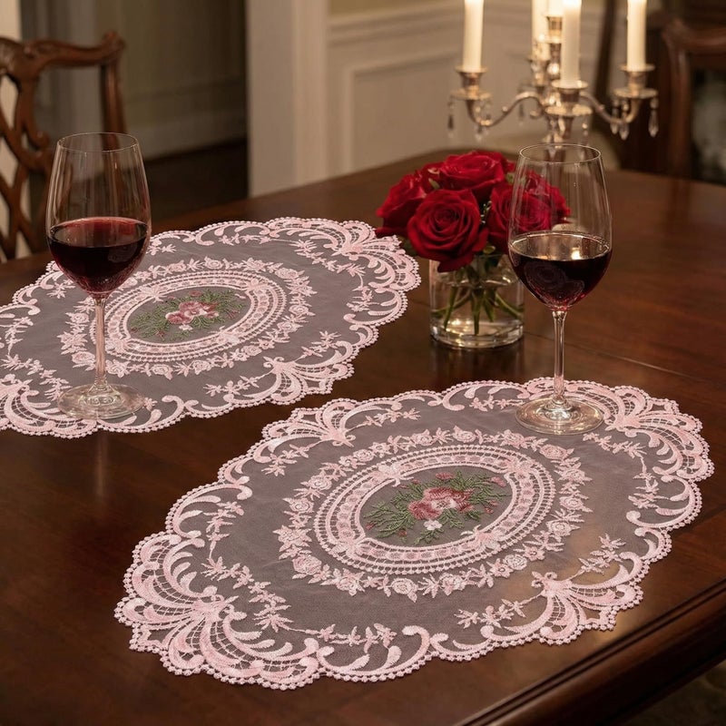 Wionin 2Pcs Lace Placemats French Style Retro Placemats Pink Doilies Table Runner Lace Dresser Scarves Cup Mat Table Runner with Pink Flowers Doilies - Image 5