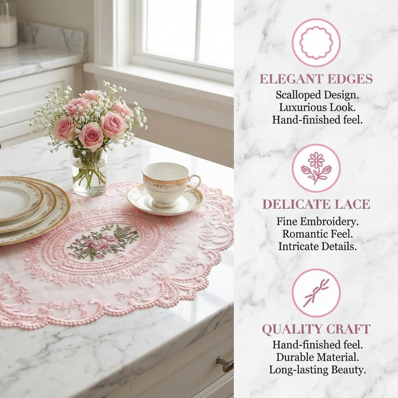 Wionin 2Pcs Lace Placemats French Style Retro Placemats Pink Doilies Table Runner Lace Dresser Scarves Cup Mat Table Runner with Pink Flowers Doilies - Image 3