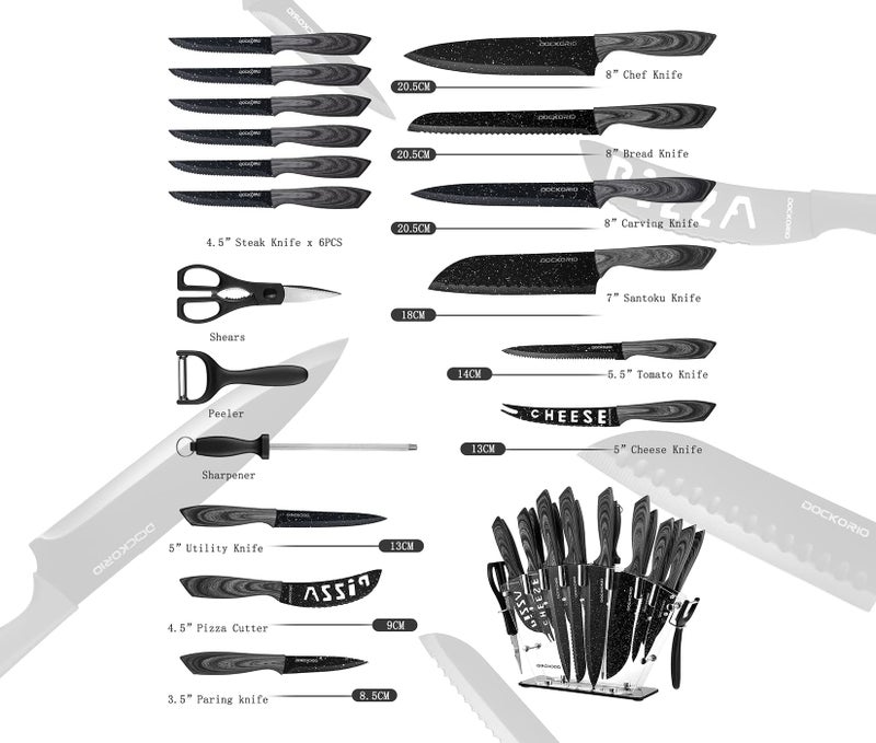 Dockorio all in one Kitchen Knife Set with Block, 19 PCS High Carbon Stainless Steel Sharp Serrated Steak Knives Set, Chef Knives, Bread Knife, Scissor, Sharpener, - Image 3