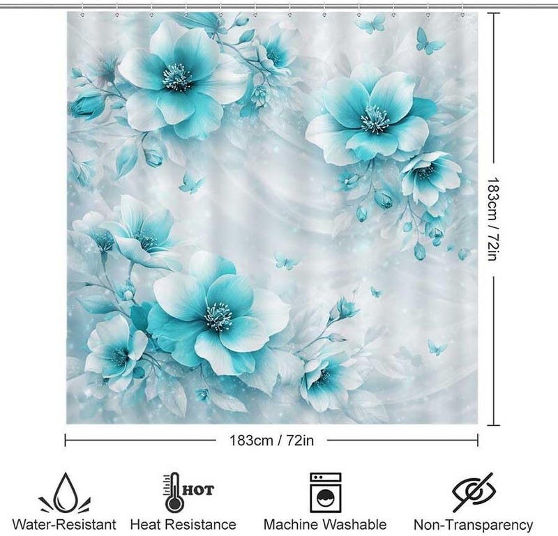 Blue Floral Artwork with Butterflies and Soft backgroundShower Curtain for Bathroom Waterproof Tan Shower Curtain with Hooks 71 inch x 71 inch - Image 3