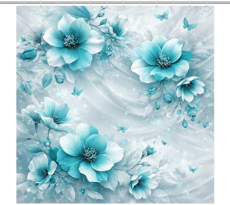 Blue Floral Artwork with Butterflies and Soft backgroundShower Curtain for Bathroom Waterproof Tan Shower Curtain with Hooks 71 inch x 71 inch - Image 1