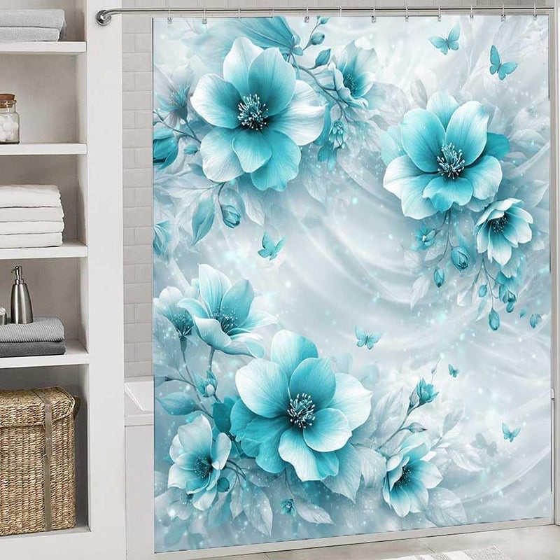 Blue Floral Artwork with Butterflies and Soft backgroundShower Curtain for Bathroom Waterproof Tan Shower Curtain with Hooks 71 inch x 71 inch - Image 2