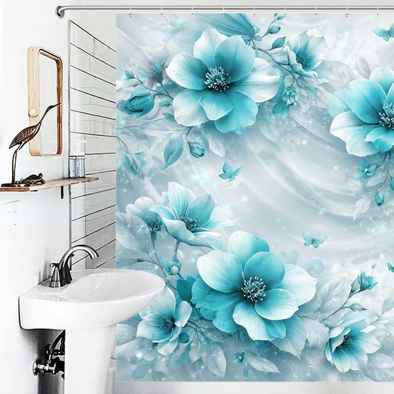 Blue Floral Artwork with Butterflies and Soft backgroundShower Curtain for Bathroom Waterproof Tan Shower Curtain with Hooks 71 inch x 71 inch - Image 4