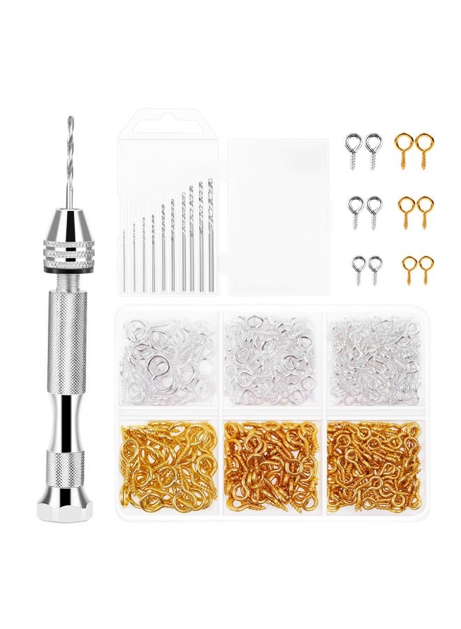 Yakumuz Pin Vise for Resin Casting Molds, Yakumuz Hand Drill for Jewelry Making Resin Tools Includes 1Pcs Push Hand Drill 10Pcs Drill Bits 400Pcs Eye Screws for DIY Keychain (Gold+Silver) - Image 1