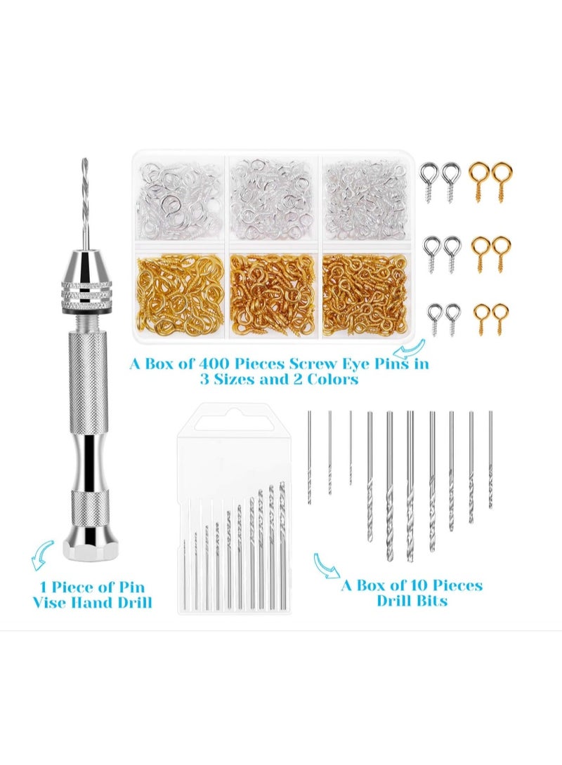 Yakumuz Pin Vise for Resin Casting Molds, Yakumuz Hand Drill for Jewelry Making Resin Tools Includes 1Pcs Push Hand Drill 10Pcs Drill Bits 400Pcs Eye Screws for DIY Keychain (Gold+Silver) - Image 2