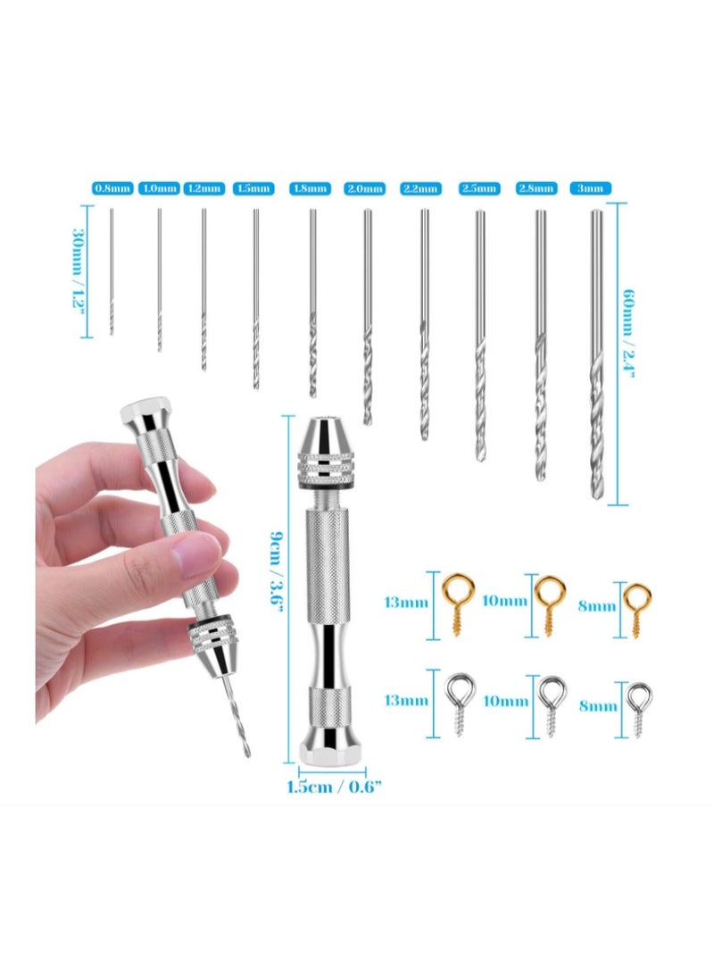 Yakumuz Pin Vise for Resin Casting Molds, Yakumuz Hand Drill for Jewelry Making Resin Tools Includes 1Pcs Push Hand Drill 10Pcs Drill Bits 400Pcs Eye Screws for DIY Keychain (Gold+Silver) - Image 3