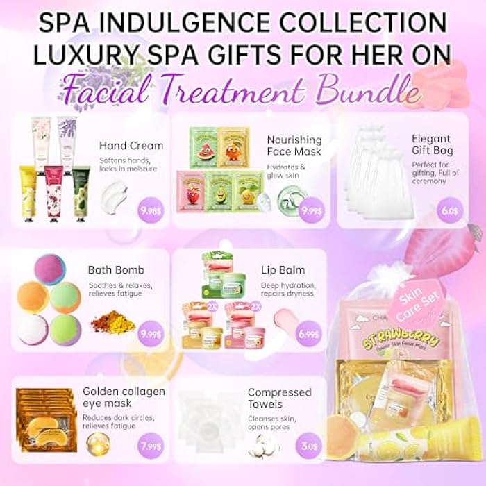 CHANGARLOAD 35 Pcs Spa Party Supplies for 5 – Spa Gifts for Women, Girls & Kids | Spa Set with Eye & Face Masks, Lip Balm, Hand Cream, Bath Bombs, Towels & Gift Bags | Spa Kit for Birthdays, Sleepovers, Spa Days - Image 2