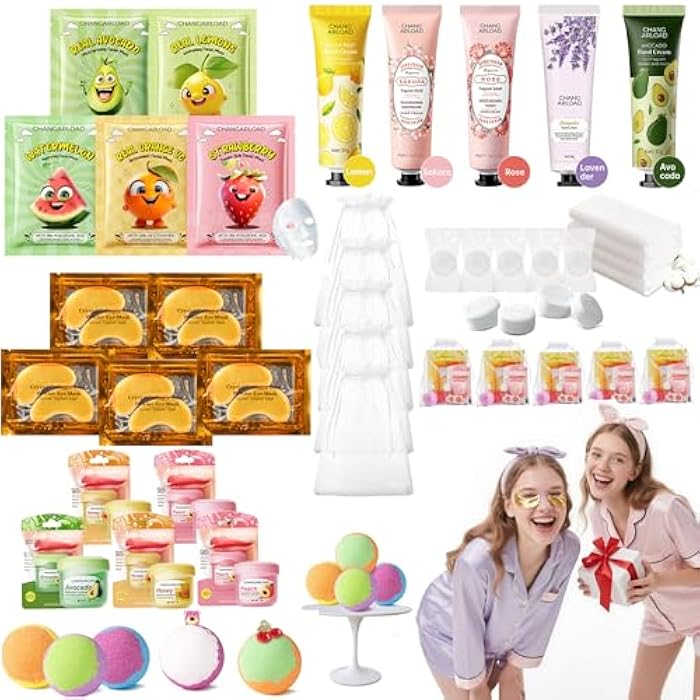 CHANGARLOAD 35 Pcs Spa Party Supplies for 5 – Spa Gifts for Women, Girls & Kids | Spa Set with Eye & Face Masks, Lip Balm, Hand Cream, Bath Bombs, Towels & Gift Bags | Spa Kit for Birthdays, Sleepovers, Spa Days - Image 1