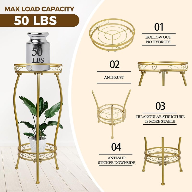 Kavlium Plant Stand Indoor Outdoorï¼ŒTall Gold Metal Rustproof Stable Plant Standsï¼Œ2 Tier 27.1 inch Multiple Plant Rack Holder Rack Flower Pot Stand Heavy Duty Plant Shelf (Gold) - Image 4