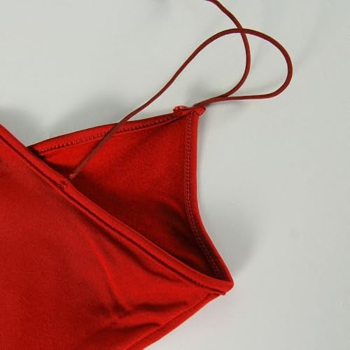PRIMODA Women's Sexy Neon Asymmetrical Spaghetti Strap Dress Deep V-Neck Sleeveless Bodycon Midi Club Dress (Red L) - Image 5