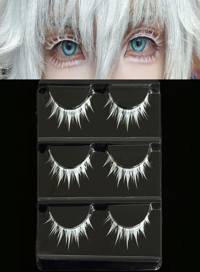 Jozlynn White False Wispy Eyelash Anime Cosplay Spiky Eyelashes Japanese Style Makeup Manga Lashes for Halloween Cosplay Party Stage Masquerade (3 Pairs) (white) - Image 1