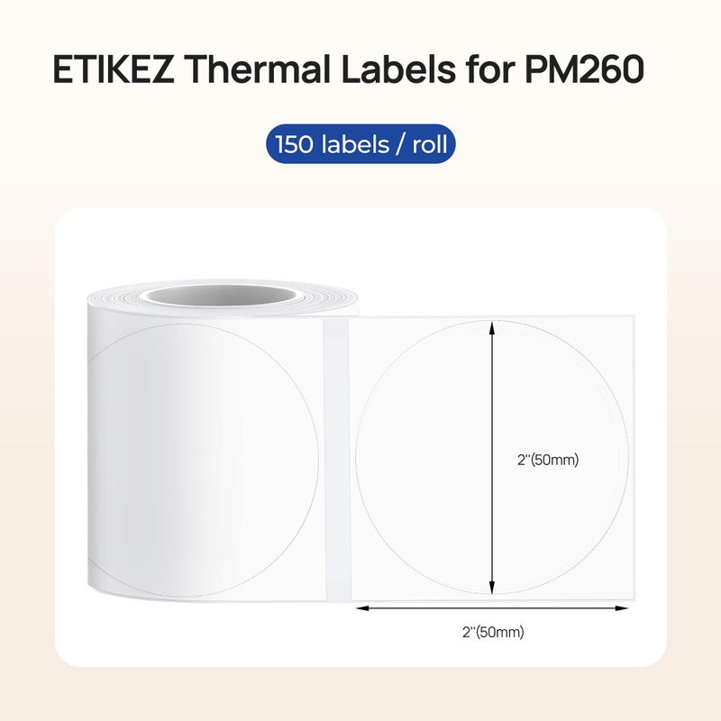 ETIKEZ Thermal Label for PM260 Printer, 2'' (50x50mm) Thermal Tape, Waterproof, Multi-Purpose Label, 1 Roll of 150 Self-Adhesive Thermal Paper (White) - Image 2