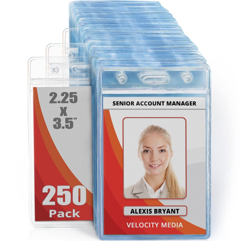 MifflinUSA Plastic Waterproof ID Badge Holders Clear 225x35 Inch 250 Pack Vertical Hanging Name Card Holder with Zipper Resealable Bulk Nametag Holders