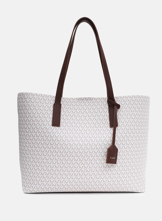 Kazo Women’s Tote Shoulder Bag with Detachable Pouch | Monogram Printed Large Handbag for Work, Office & Daily Use - Image 2