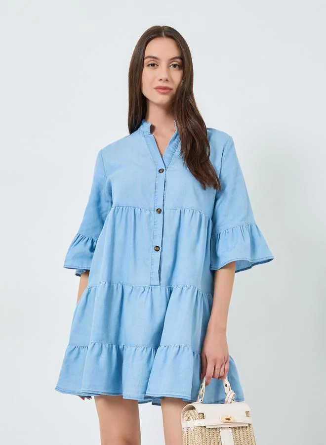 Take Two Light Blue Tiered Denim Mini Dress