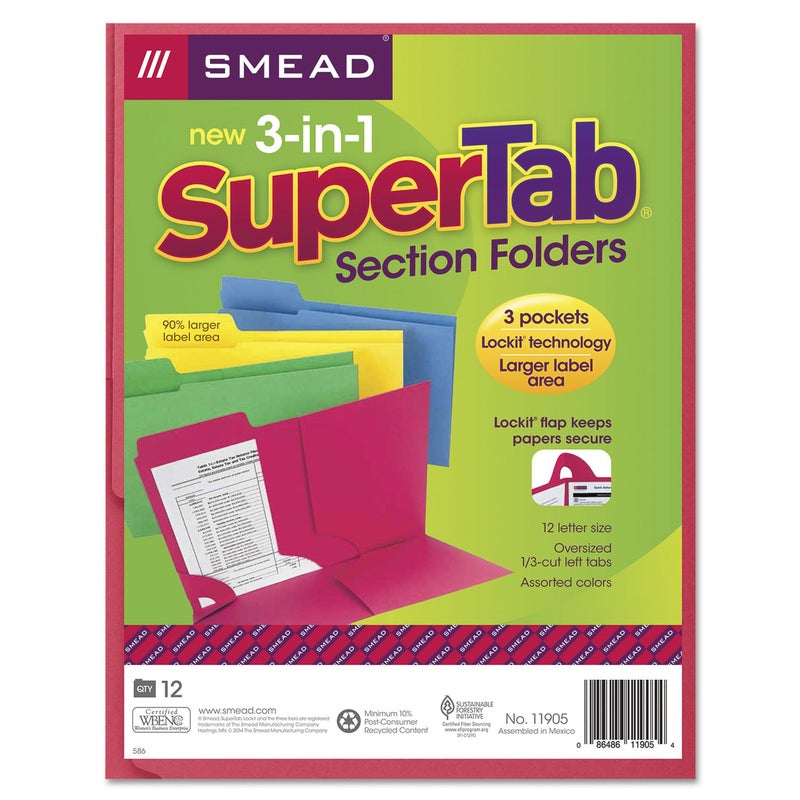 Smead 3-in-1 SuperTab Section Folder, 1/3-Cut Oversized Tab, Letter Size, Assorted Colors, 12 per Pack (11905), Pack of 1 - Image 3