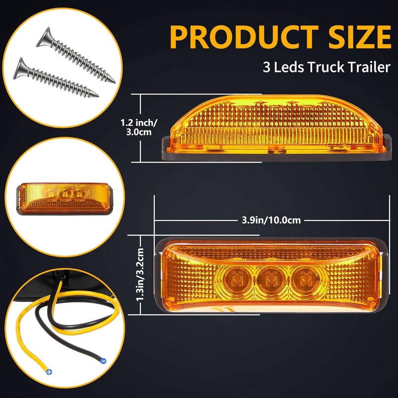 Yahenda 20 Pieces 3.9 Inch 3 LED Amber Trailer Marker Lights - Waterproof Rectangle Running Lights for Trucks and RVs - Image 2