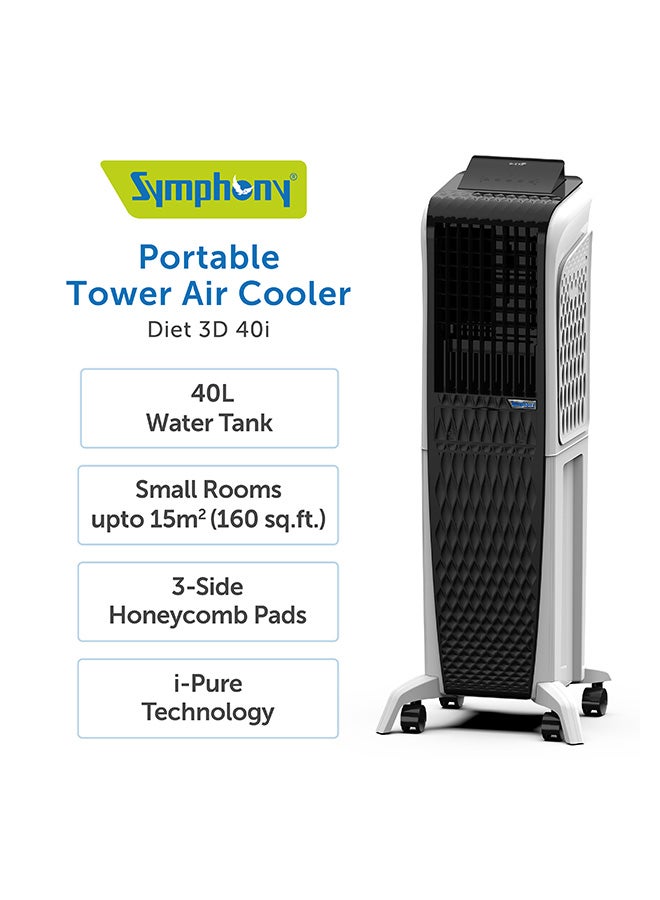 SYMPHONY Portable Tower Air Cooler For Home, Office with 3-Side Honeycomb Pads, Pop-Up Touchscreen, i-Pure Technology and Low Power Consumption, Black – 1-year Warranty 40 L Diet 3D 40i White/Black - Image 2