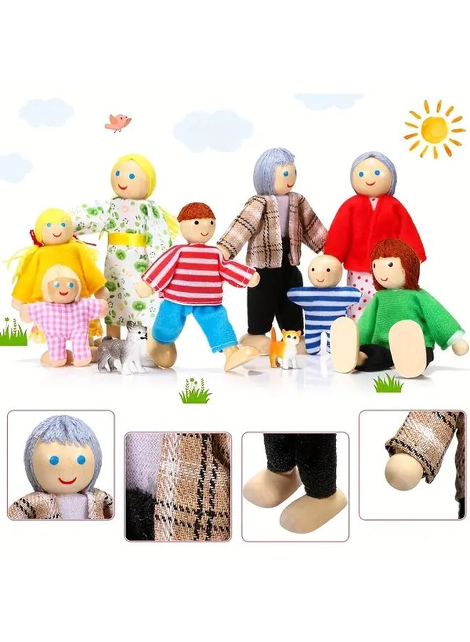 Articulated Wooden Family Portrait Eight Person Doll Set Festive Home Decor - Image 3