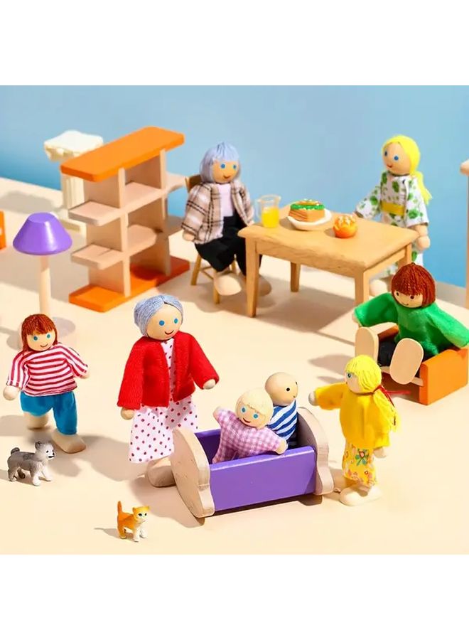 Articulated Wooden Family Portrait Eight Person Doll Set Festive Home Decor - Image 4