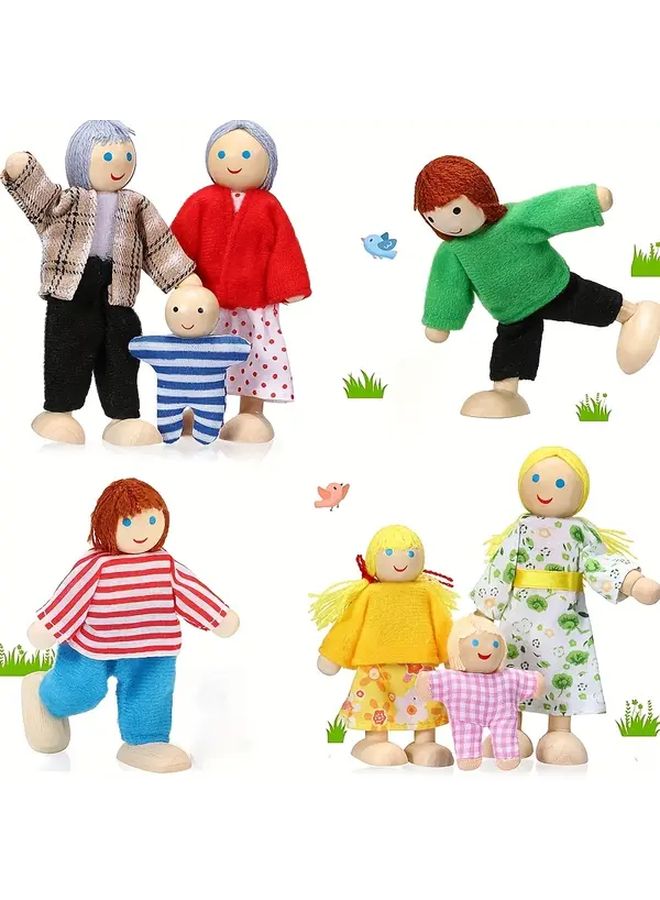 Articulated Wooden Family Portrait Eight Person Doll Set Festive Home Decor - Image 1