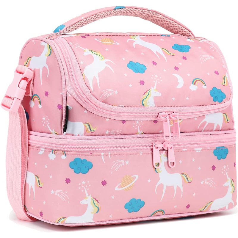 FlowFly Kids Double Decker Cooler Insulated Lunch Bag Large Tote for Boys Girls Men Women With Adjustable Strap Unicorn