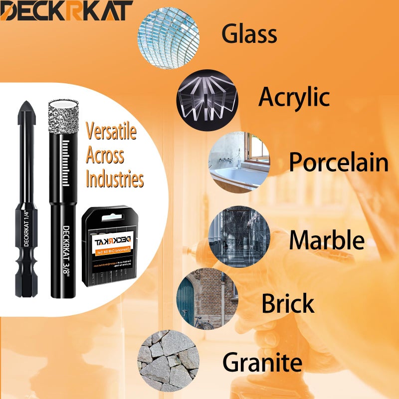 DECKRKAT 10-Piece Dry Diamond Drill Bits & TileDrill Bits - 3/16"(x2), 1/4"(x3), 5/16", 3/8", 1/2" + 1/4"(x2) Masonry Bit for Tile,Ceramic, Porcelain,Marble,Granite. - Image 5