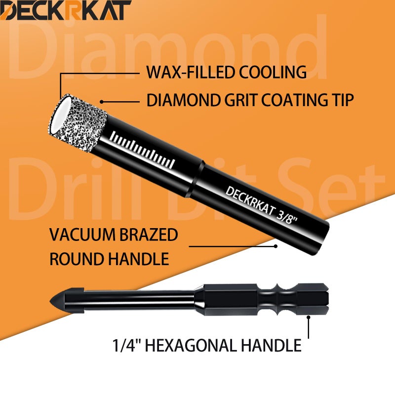 DECKRKAT 10-Piece Dry Diamond Drill Bits & TileDrill Bits - 3/16"(x2), 1/4"(x3), 5/16", 3/8", 1/2" + 1/4"(x2) Masonry Bit for Tile,Ceramic, Porcelain,Marble,Granite. - Image 3