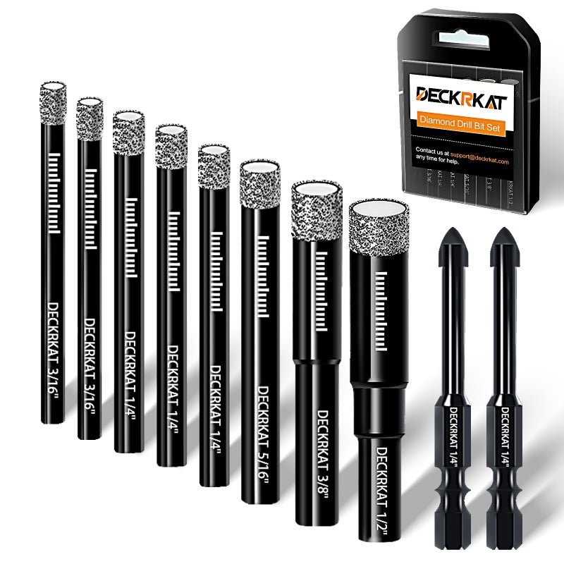 DECKRKAT 10-Piece Dry Diamond Drill Bits & TileDrill Bits - 3/16"(x2), 1/4"(x3), 5/16", 3/8", 1/2" + 1/4"(x2) Masonry Bit for Tile,Ceramic, Porcelain,Marble,Granite. - Image 1