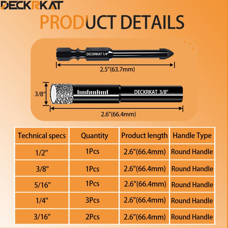 DECKRKAT 10-Piece Dry Diamond Drill Bits & TileDrill Bits - 3/16"(x2), 1/4"(x3), 5/16", 3/8", 1/2" + 1/4"(x2) Masonry Bit for Tile,Ceramic, Porcelain,Marble,Granite. - Image 2
