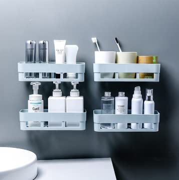 MorivaHomes Multipurpose Wall Mount Bathroom Shelf and Rack for Home and Kitchen. Adhesive Sticker Support Without Drilling (4 Blue Bathroom Shelf), Acrylic - Image 1