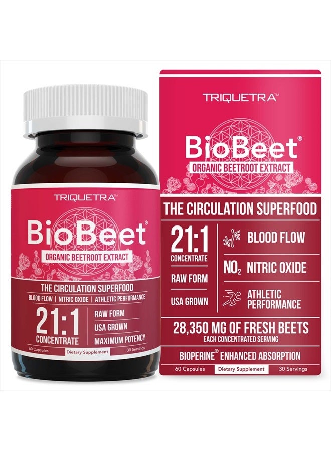 Triquetra Health BioBeet® Max Strength Beet Root Capsules - 21:1 Concentrate, Each Serving Derived from 28,350 mg Organic Beetroot - Absorption Enhancement with BioPerine® Black Pepper Extract (60 Capsules)  - Image 1