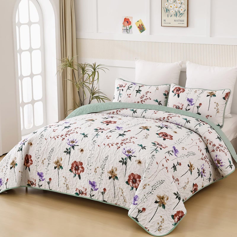 Anibedding Floral Quilt Set Queen,3 Pieces Red & Purple Flower Pattern Bedspread with 2 Pillowcases, Reversible Lightweight Bedding Sets(96"x90") - Image 3