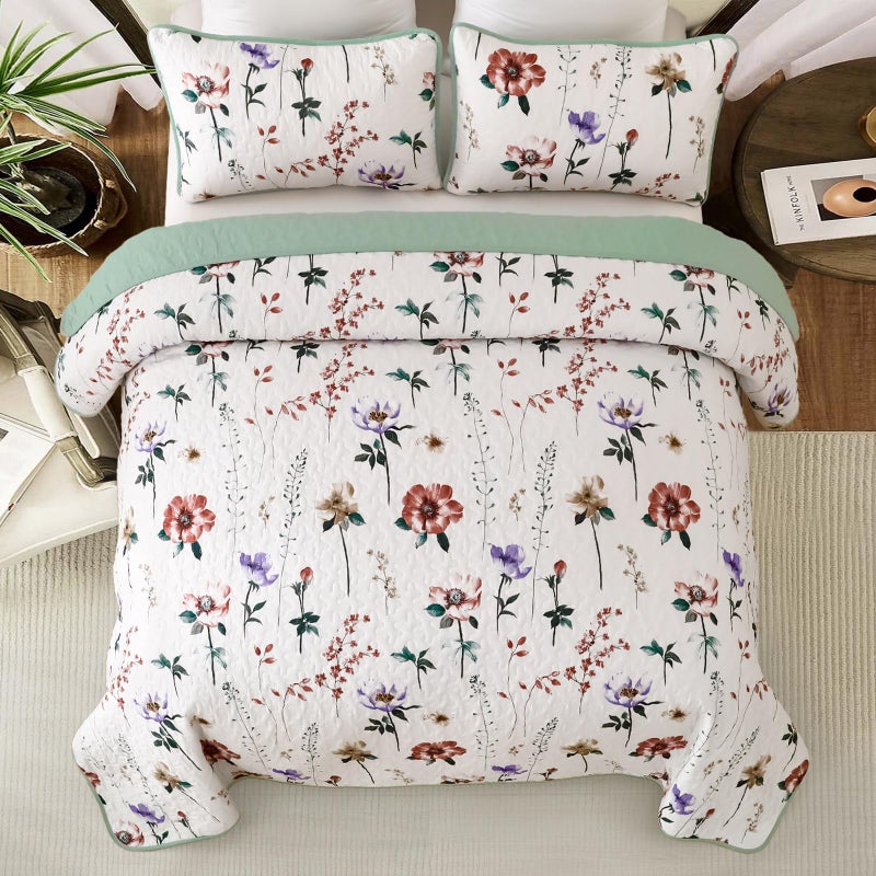Anibedding Floral Quilt Set Queen,3 Pieces Red & Purple Flower Pattern Bedspread with 2 Pillowcases, Reversible Lightweight Bedding Sets(96"x90") - Image 2