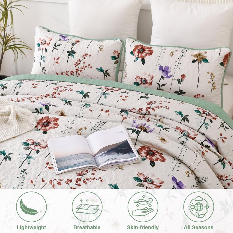 Anibedding Floral Quilt Set Queen,3 Pieces Red & Purple Flower Pattern Bedspread with 2 Pillowcases, Reversible Lightweight Bedding Sets(96"x90") - Image 5