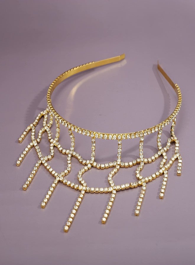 يرتير طوق شعر YERTTER ذهبي لامع مزين بشرابة وسلسلة تنس مرصعة بأحجار الراين، طوق رأس مزين بشرابة وسلسلة، إكسسوارات شعر كريستالية لحفلات الزفاف والعرائس وحفلات التخرج (ذهبي 3) - Image 2