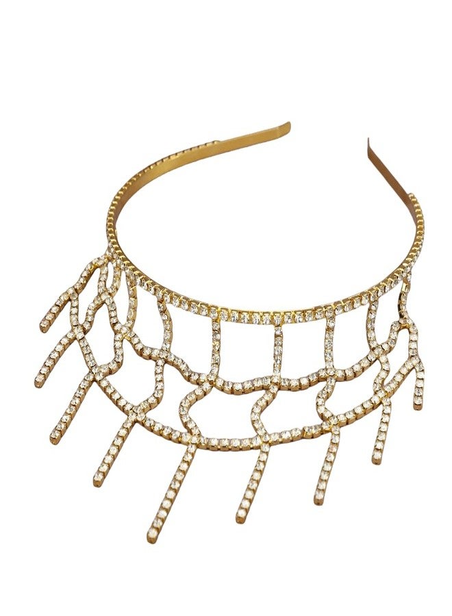 يرتير طوق شعر YERTTER ذهبي لامع مزين بشرابة وسلسلة تنس مرصعة بأحجار الراين، طوق رأس مزين بشرابة وسلسلة، إكسسوارات شعر كريستالية لحفلات الزفاف والعرائس وحفلات التخرج (ذهبي 3) - Image 1