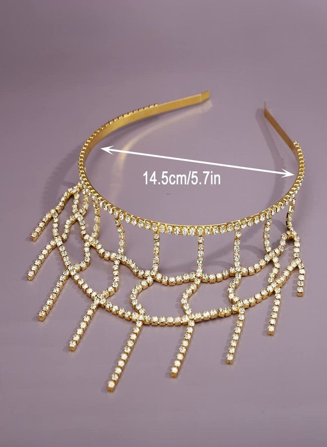 يرتير طوق شعر YERTTER ذهبي لامع مزين بشرابة وسلسلة تنس مرصعة بأحجار الراين، طوق رأس مزين بشرابة وسلسلة، إكسسوارات شعر كريستالية لحفلات الزفاف والعرائس وحفلات التخرج (ذهبي 3) - Image 3