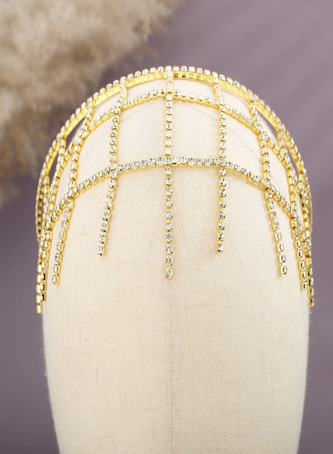 يرتير طوق شعر YERTTER ذهبي لامع مزين بشرابة وسلسلة تنس مرصعة بأحجار الراين، طوق رأس مزين بشرابة وسلسلة، إكسسوارات شعر كريستالية لحفلات الزفاف والعرائس وحفلات التخرج (ذهبي 3) - Image 5