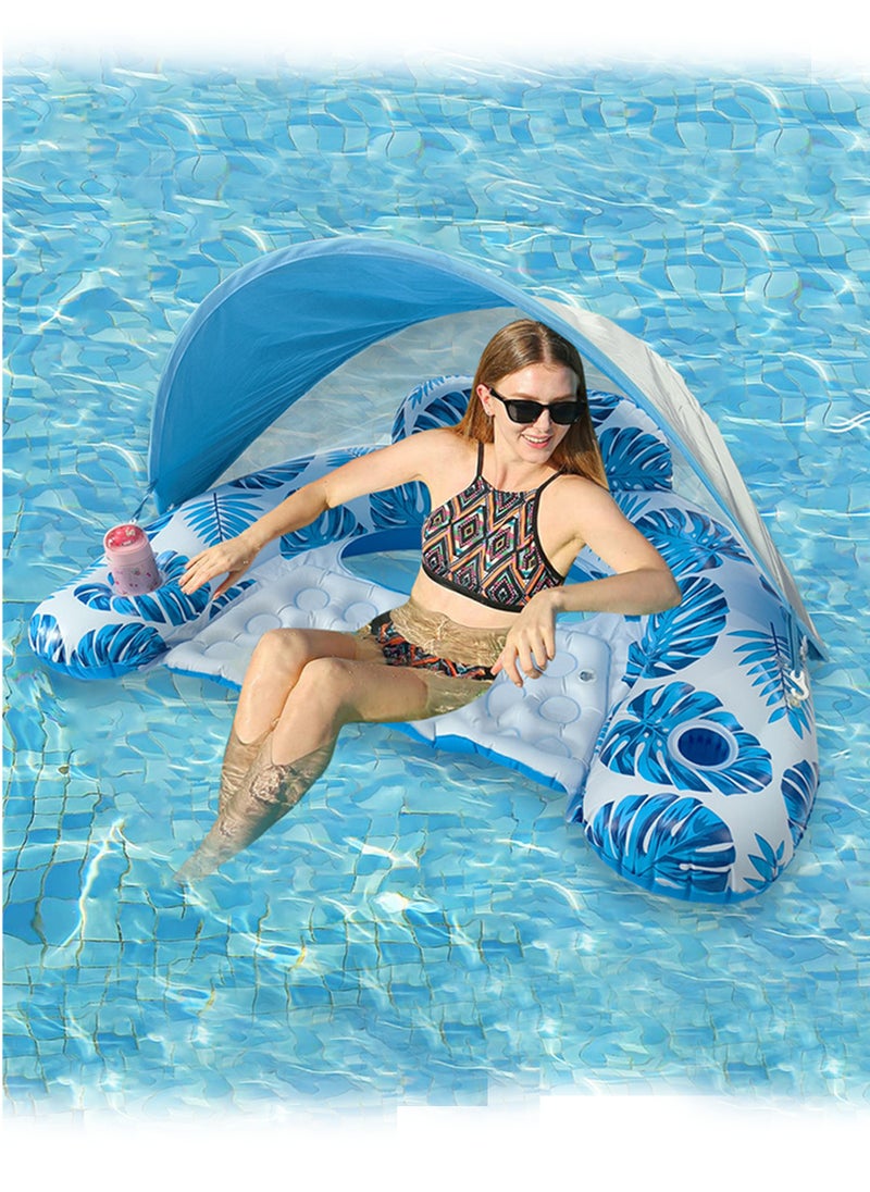 Generic - Blue Floral Inflatable Sofa Pool Float with Detachable Sunshade & Built-In Cup Holder – Portable Lounge Chair for Shade, Sunbathing, and Drink Storage - Image 1