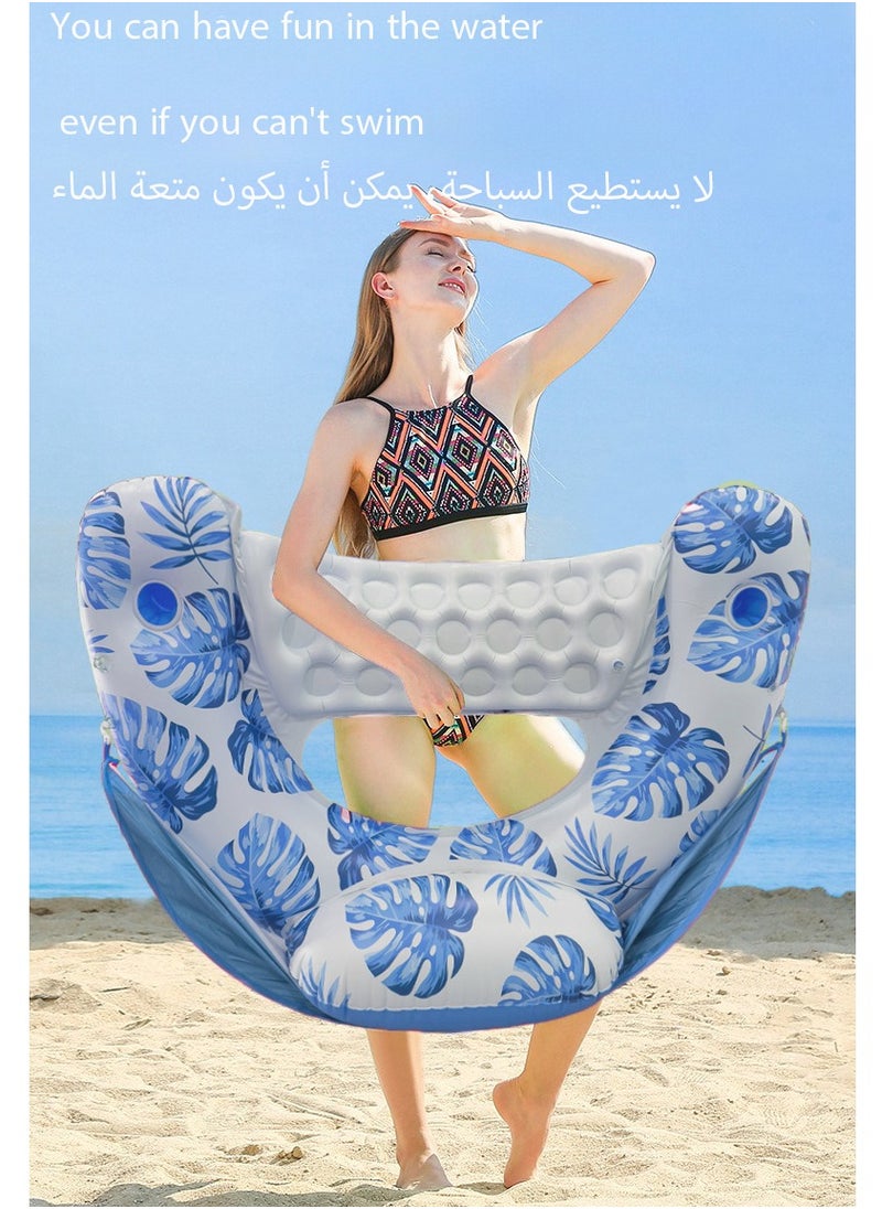 Generic - Blue Floral Inflatable Sofa Pool Float with Detachable Sunshade & Built-In Cup Holder – Portable Lounge Chair for Shade, Sunbathing, and Drink Storage - Image 1