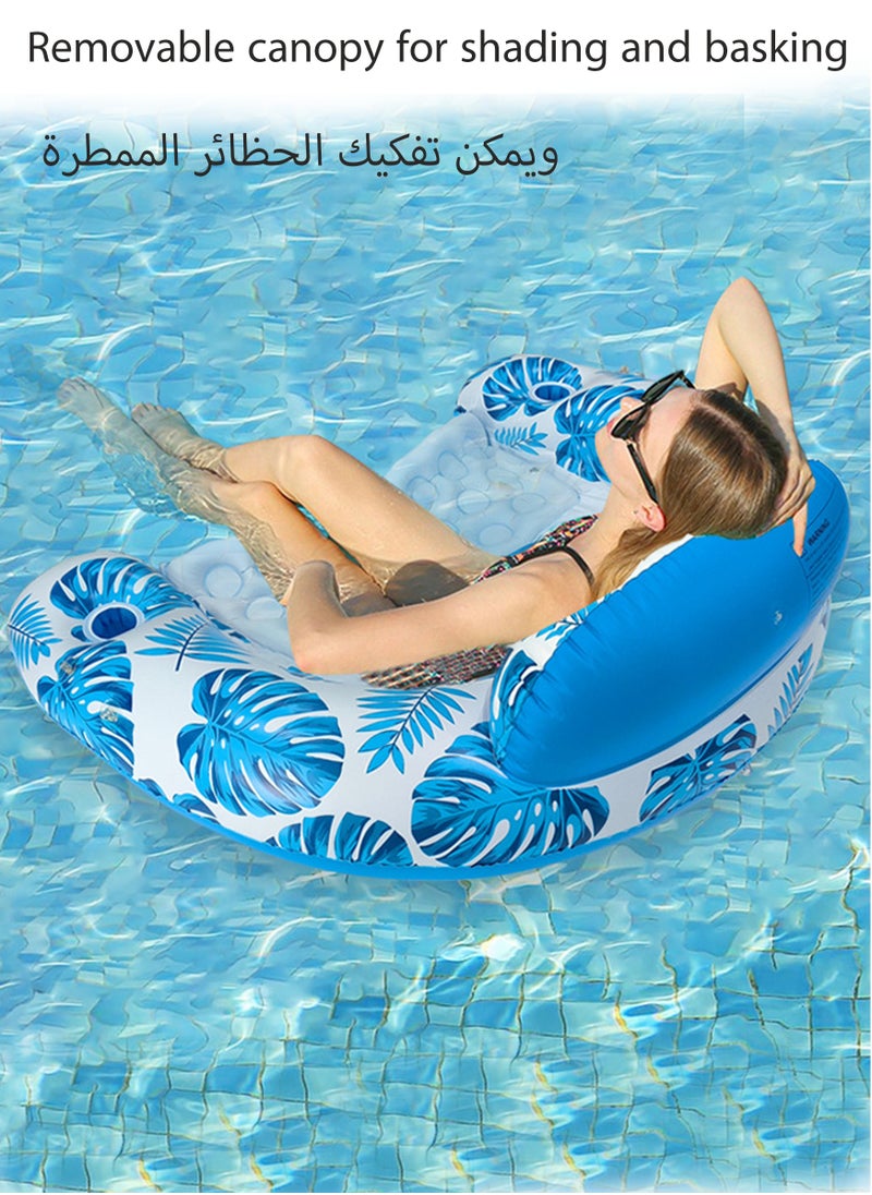 Generic - Blue Floral Inflatable Sofa Pool Float with Detachable Sunshade & Built-In Cup Holder – Portable Lounge Chair for Shade, Sunbathing, and Drink Storage - Image 1